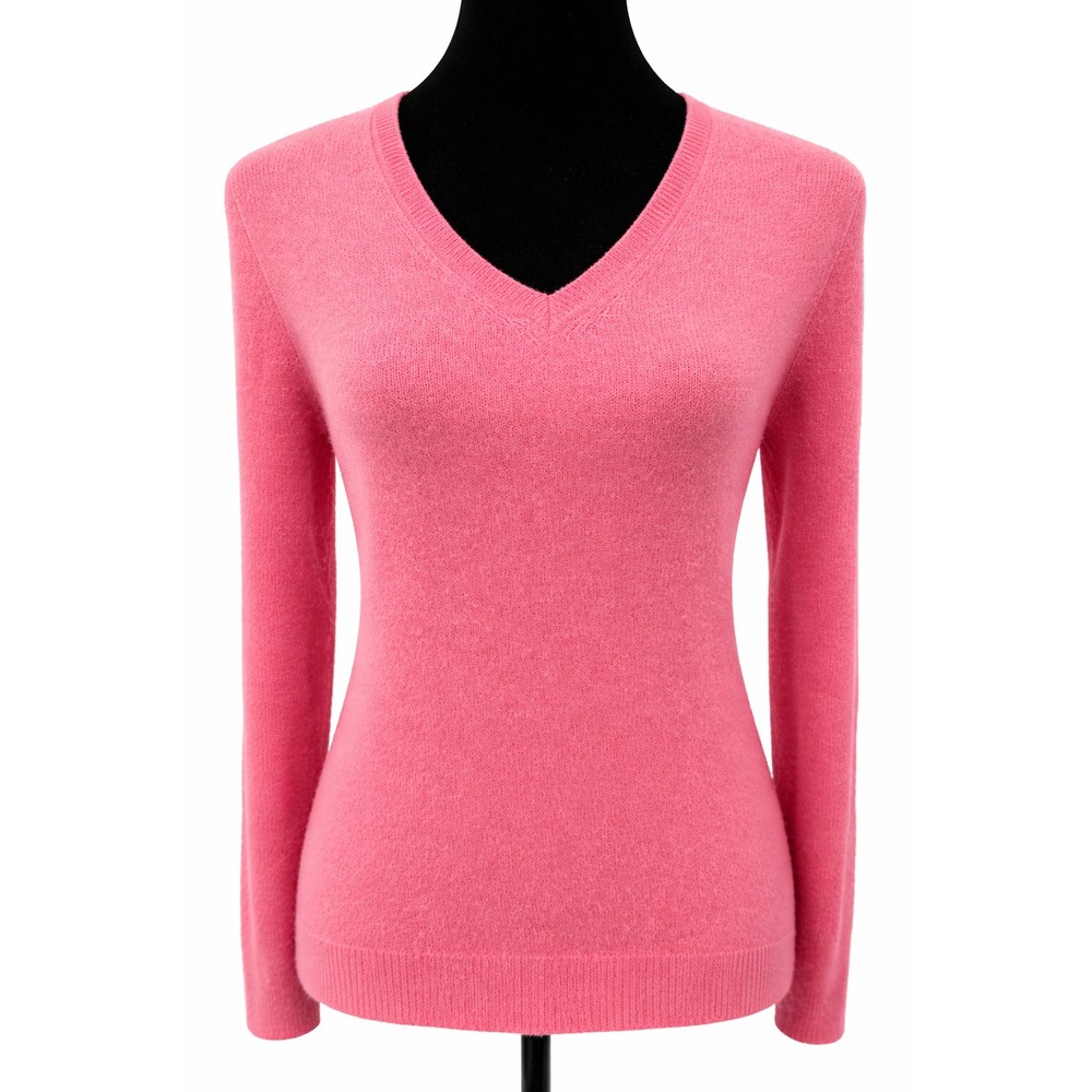 Tahari Pure Luxe Womens Pullover V-Neck Sweater Large Pink Knit Cashmere